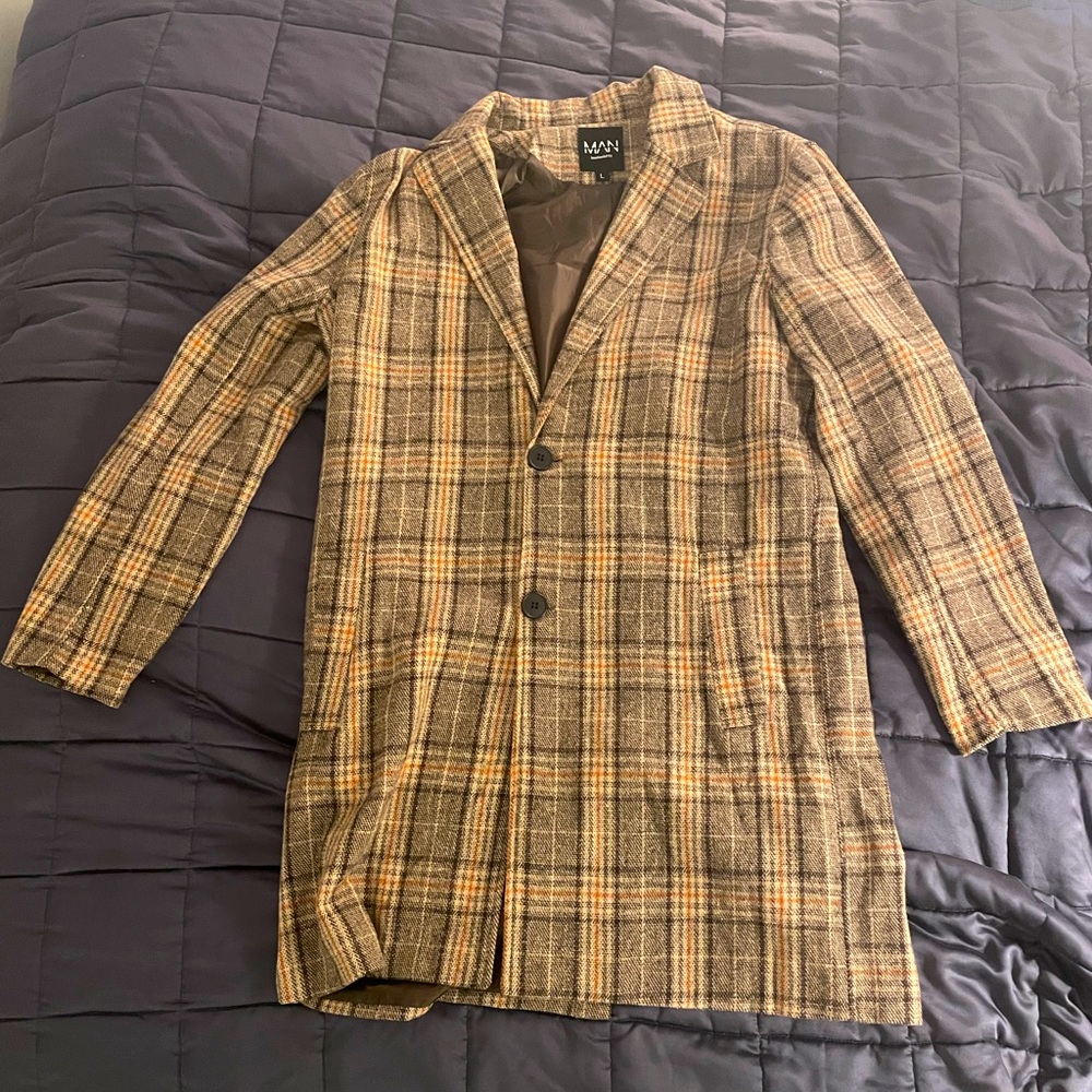 Boohoo Man Check Wool Look Overcoat Large